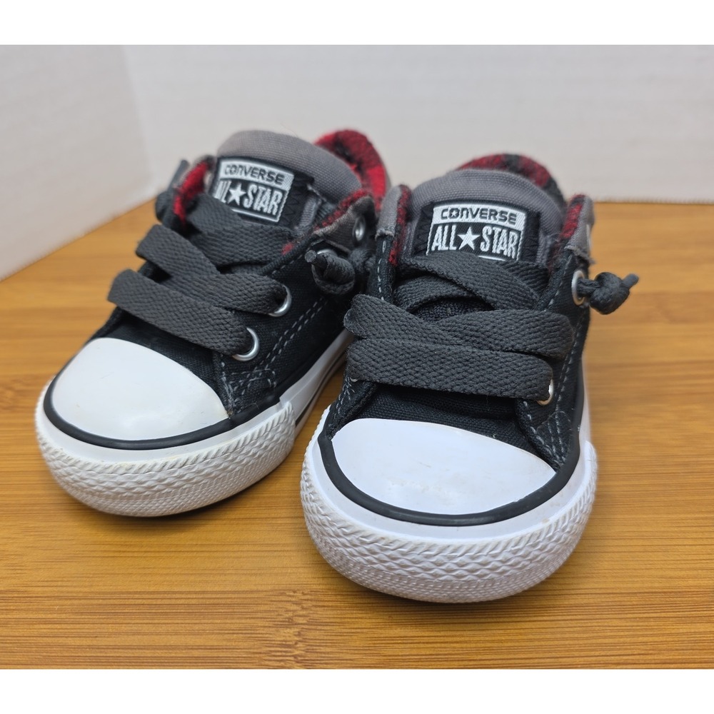 Converse All Star Low Top Toddler Shoes Black Gray‎ Red Check Lining Size 4